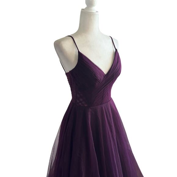 La Femme Corset Sheer Bodice Tulle Maxi Gown NEW Dark Berry Purple Size 2 - Picture 4 of 13